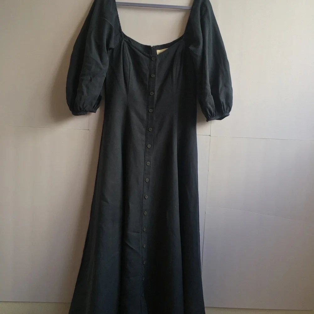 Mara Hoffman Mika Puff-Sleeve Linen Blend Button-Front Maxi Dress in Navy Blue - Picture 6 of 12